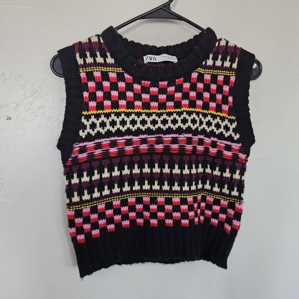 Zara Womens Medium Black Pink Knit Top Sleeveless Sweater Layering Fall Colorful